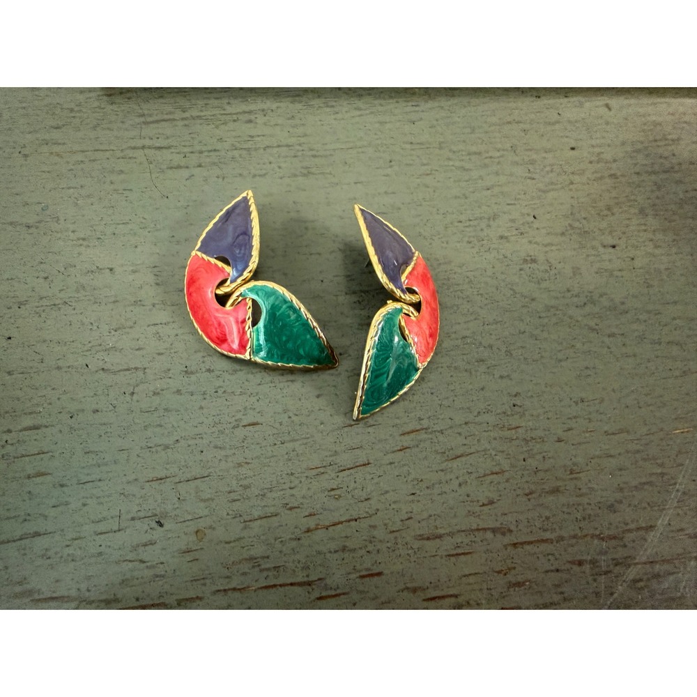 Vintage Abstract Geometric Enamel Post Earrings Gold Tone Purple Red Green 80s